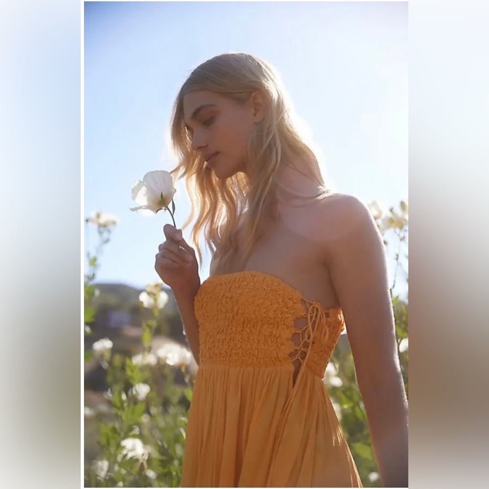 Free People Strapless Maxi Dress in Mustard Yellow